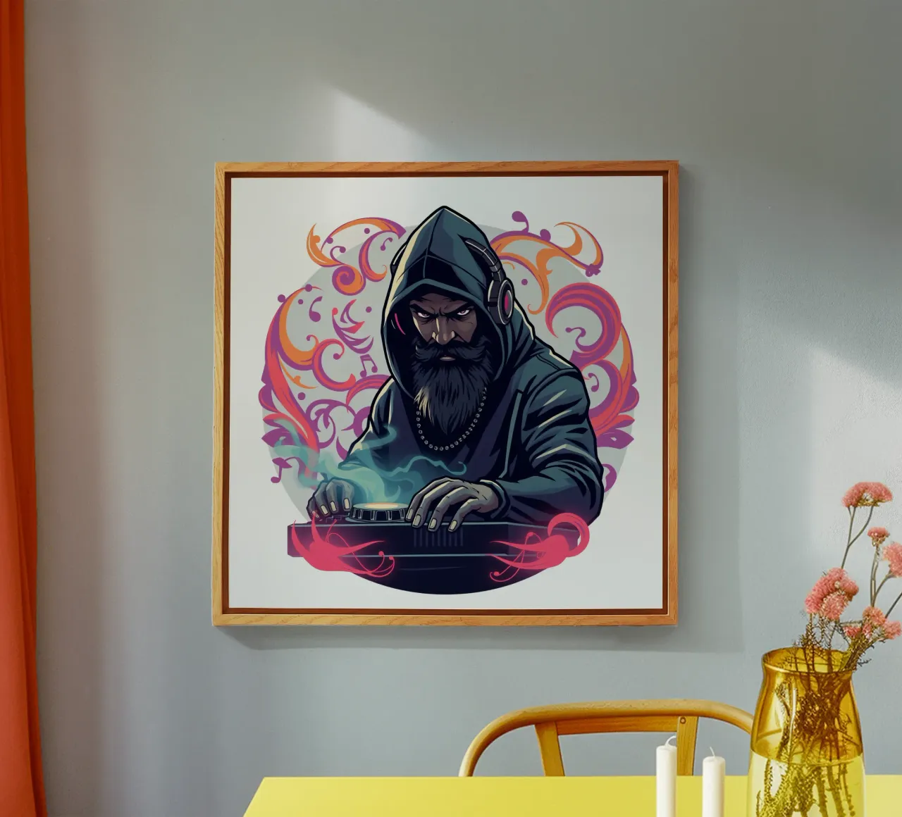 Un DJ in felpa con cappuccio mixa brani circondato da vortici colorati plexiglass da DesignDoodle