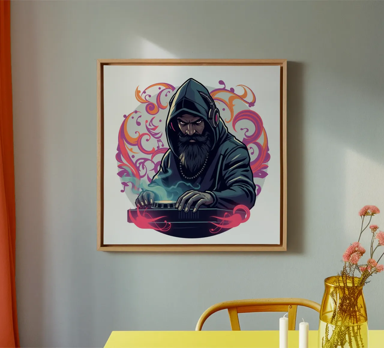 A DJ in a hoodie mixes tracks surrounded by colorful swirls canvas with Floater frame by DesignDoodle
