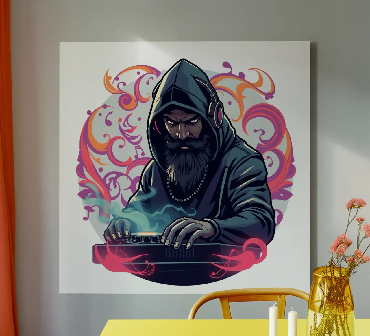 A DJ in a hoodie mixes tracks surrounded by colorful swirls canvas with Floater frame by DesignDoodle