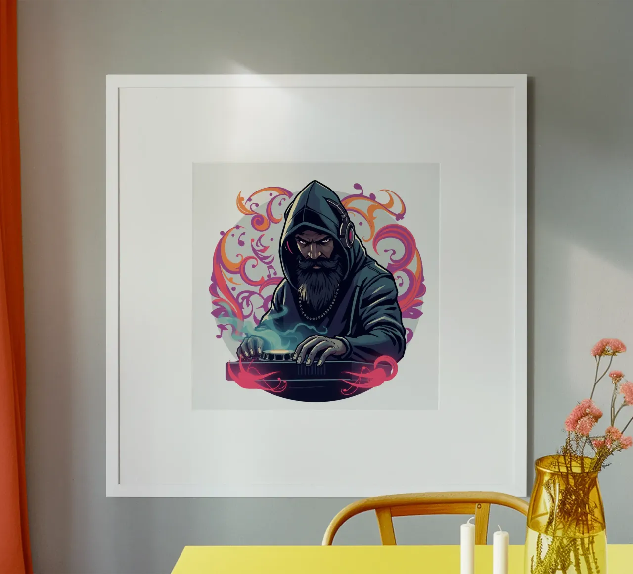 Ein DJ im Kapuzenpulli mischt Tracks, umgeben von bunten Wirbeln Poster von DesignDoodle