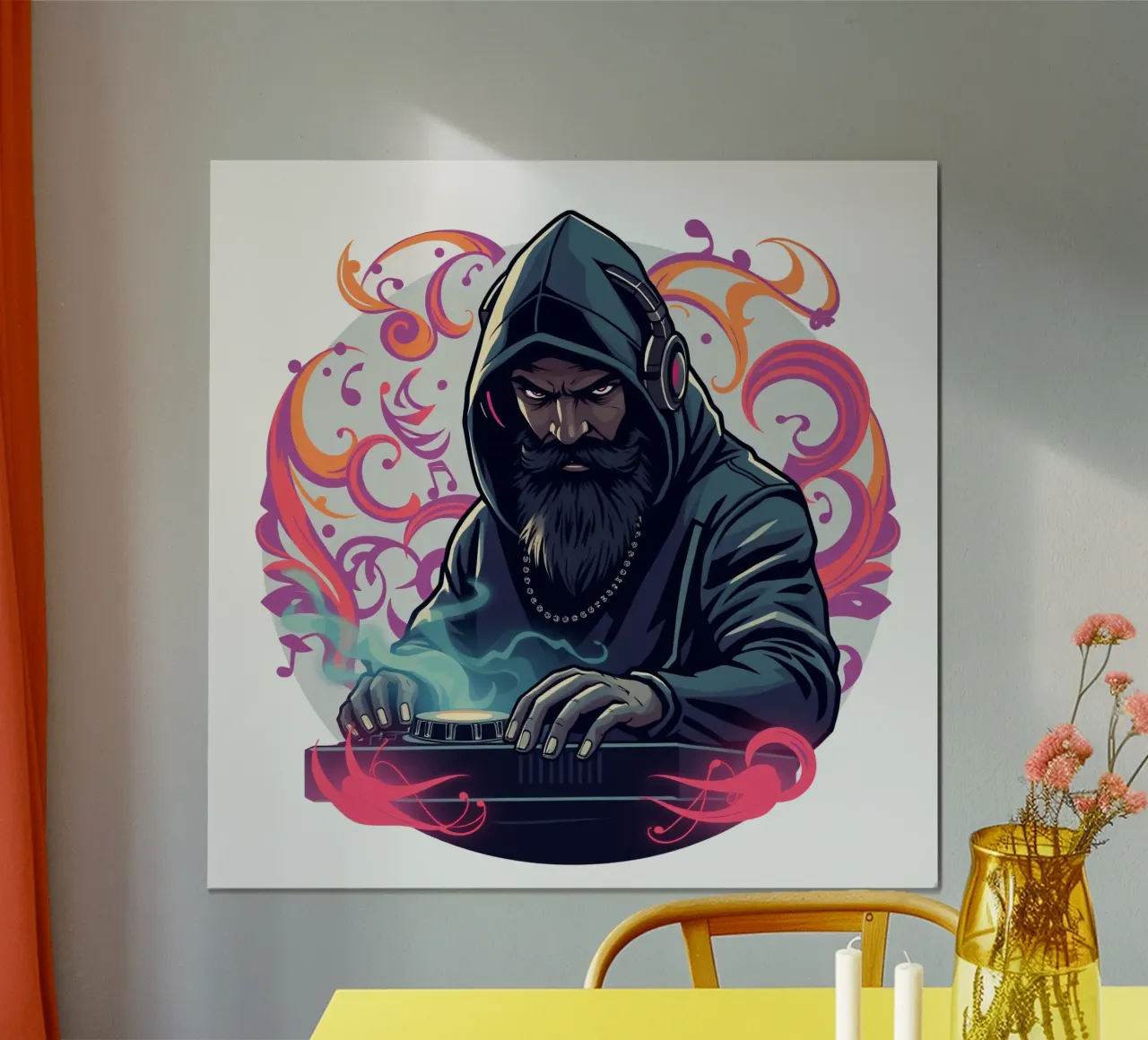 Ein DJ im Kapuzenpulli mischt Tracks, umgeben von bunten Wirbeln Poster von DesignDoodle