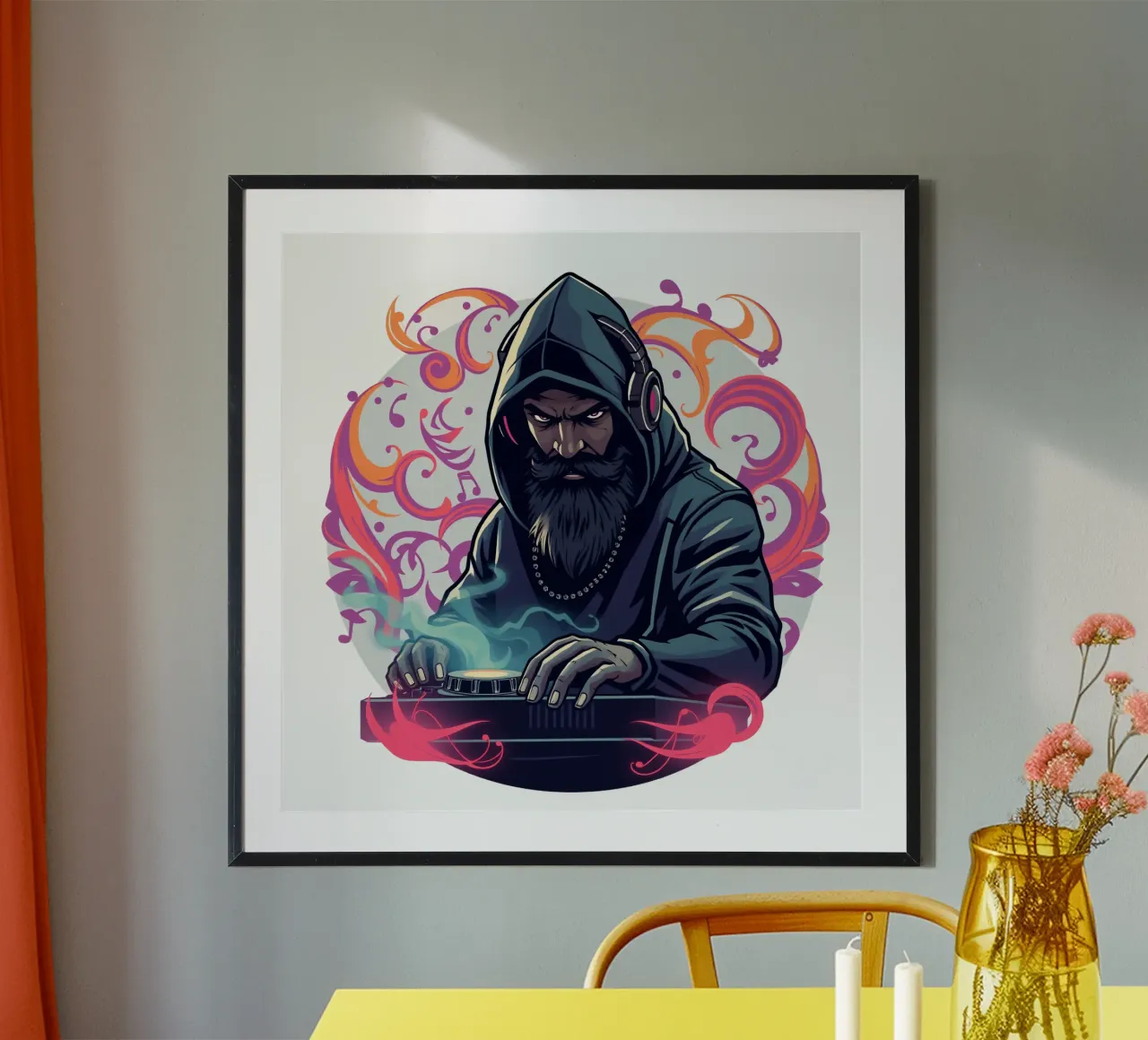 Ein DJ im Kapuzenpulli mischt Tracks, umgeben von bunten Wirbeln Poster von DesignDoodle
