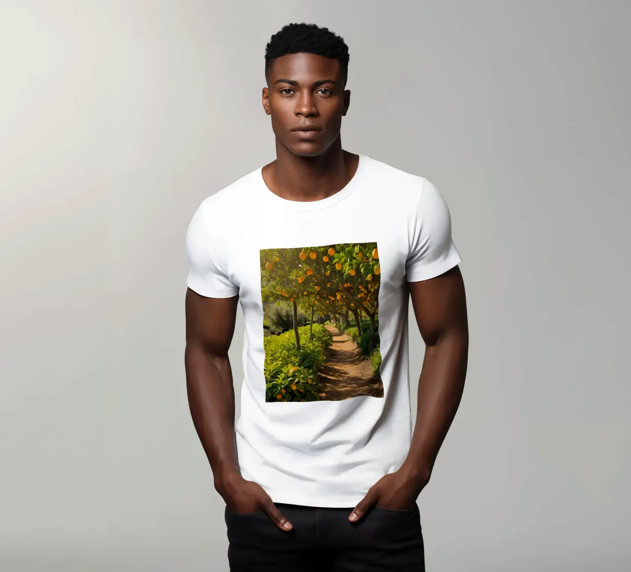 Sunny orange grove pathway surrounded by lush greenery t-shirt by DesignDoodle