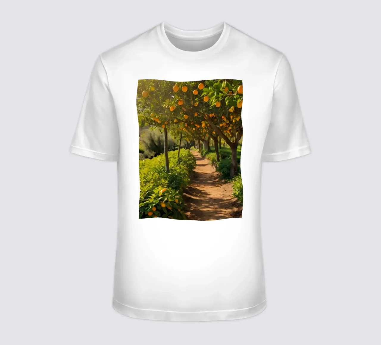 Sunny orange grove pathway surrounded by lush greenery t-shirt by DesignDoodle