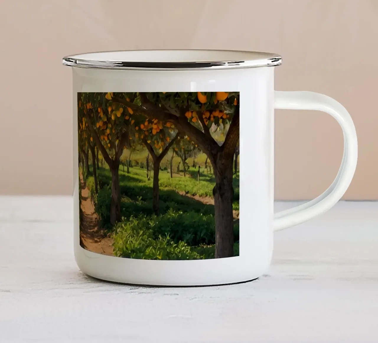 Sunny orange grove pathway surrounded by lush greenery enamel mug by DesignDoodle