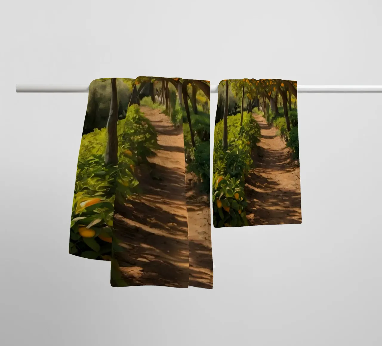 Sunny orange grove pathway surrounded by lush greenery towel by DesignDoodle