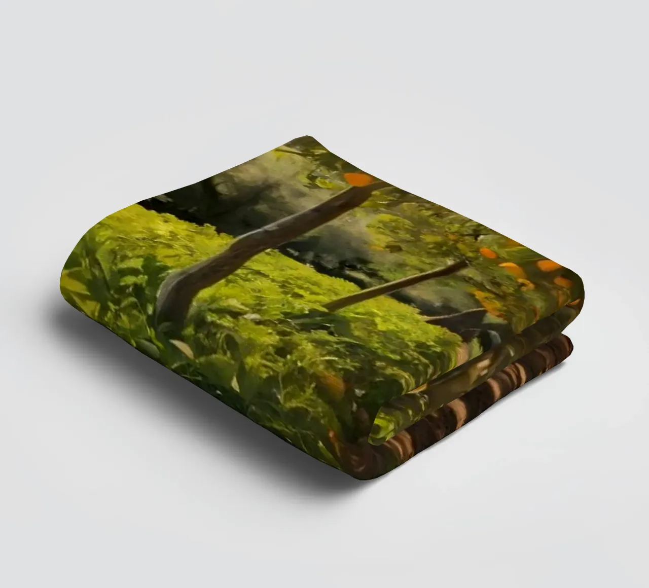 Sunny orange grove pathway surrounded by lush greenery towel by DesignDoodle