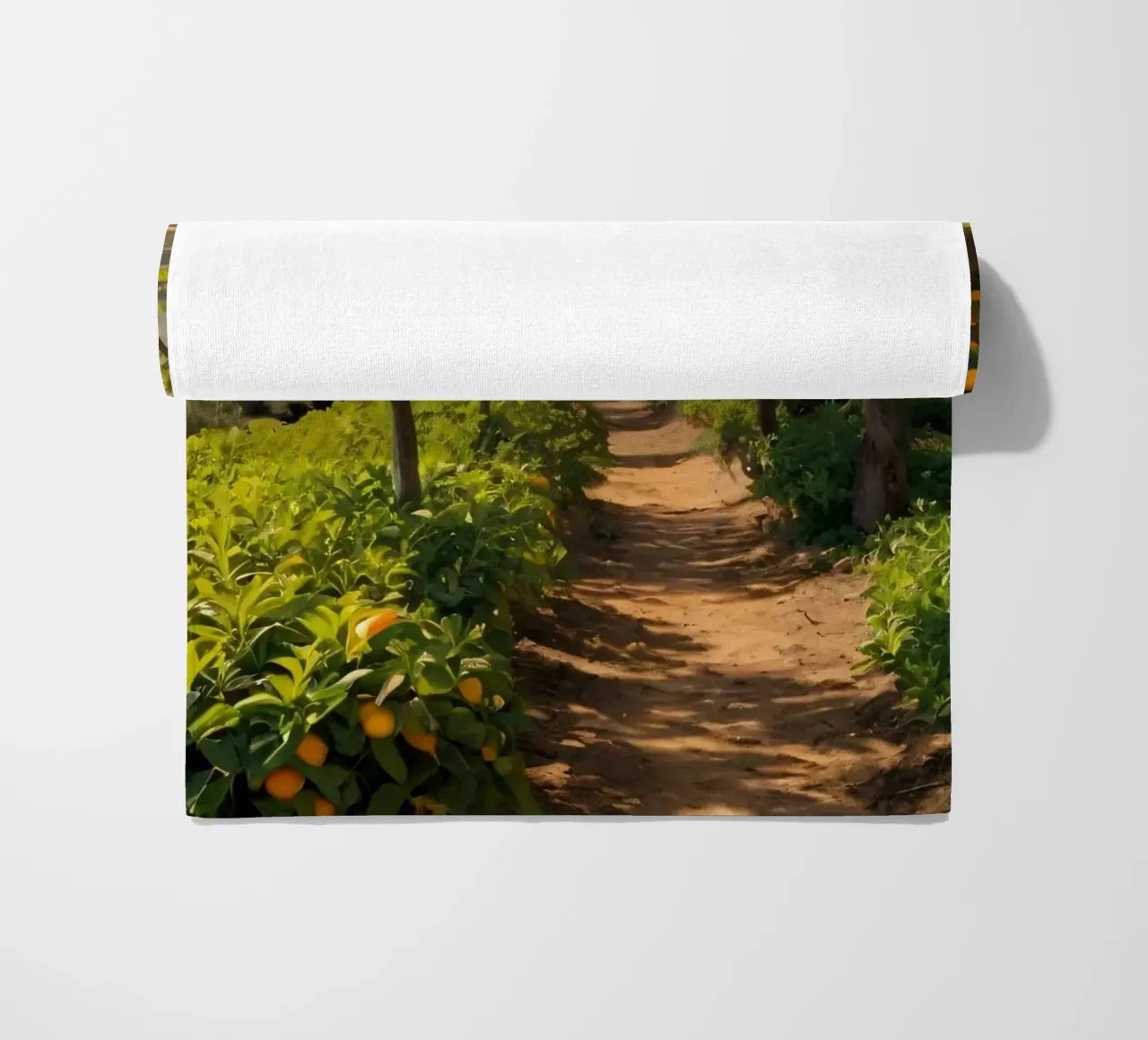 Sunny orange grove pathway surrounded by lush greenery beach towel by DesignDoodle