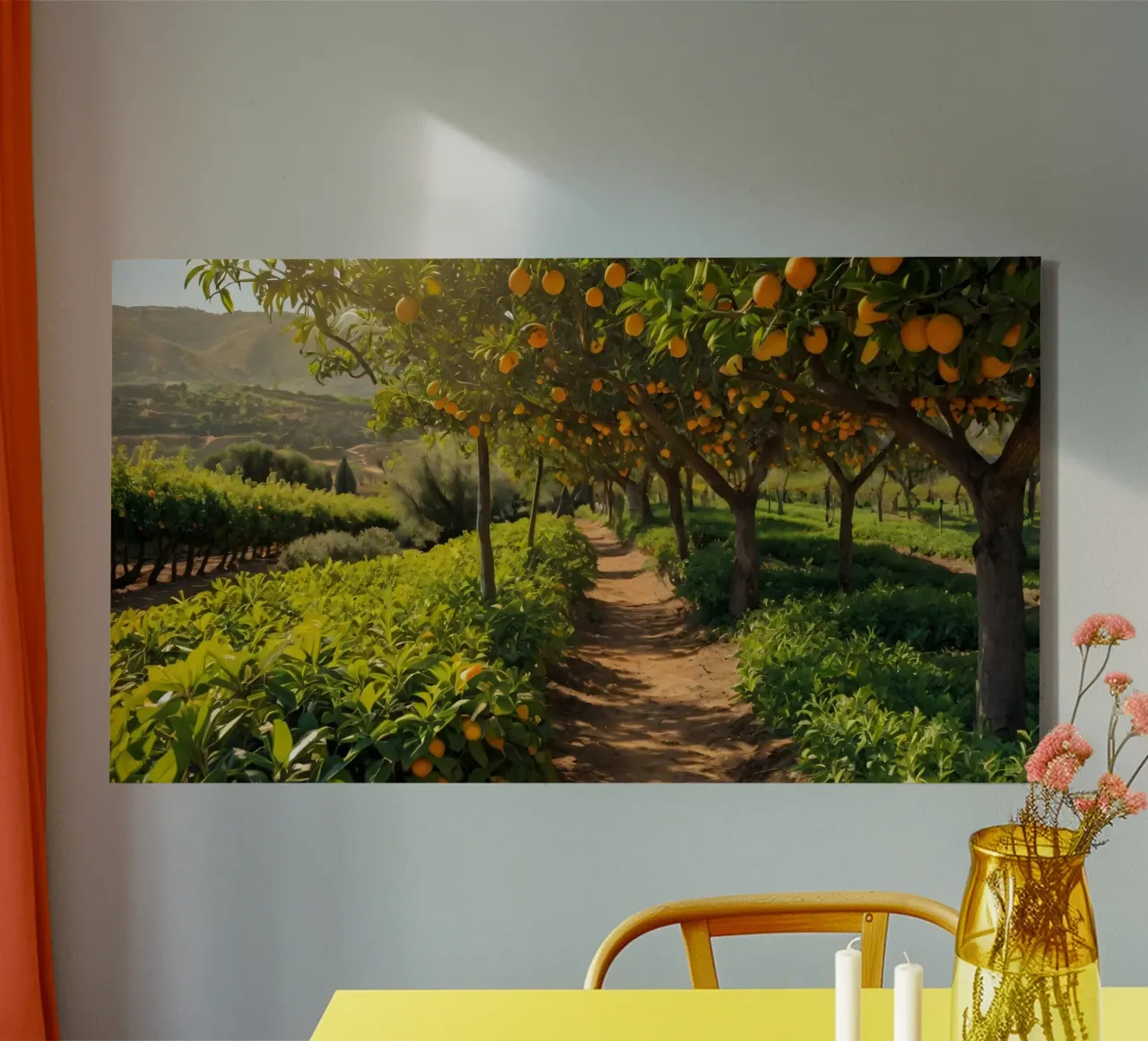 Sunny orange grove pathway surrounded by lush greenery canvas with Floater frame by DesignDoodle