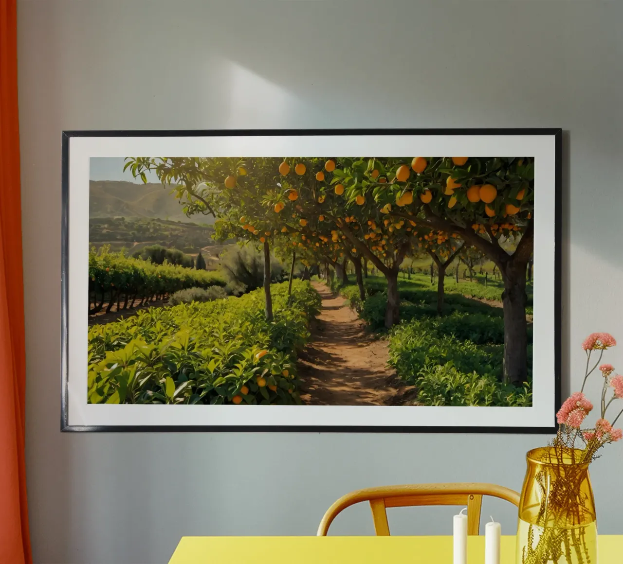 Sonniger Weg durch den Orangenhain, umgeben von üppigem Grün Poster von DesignDoodle