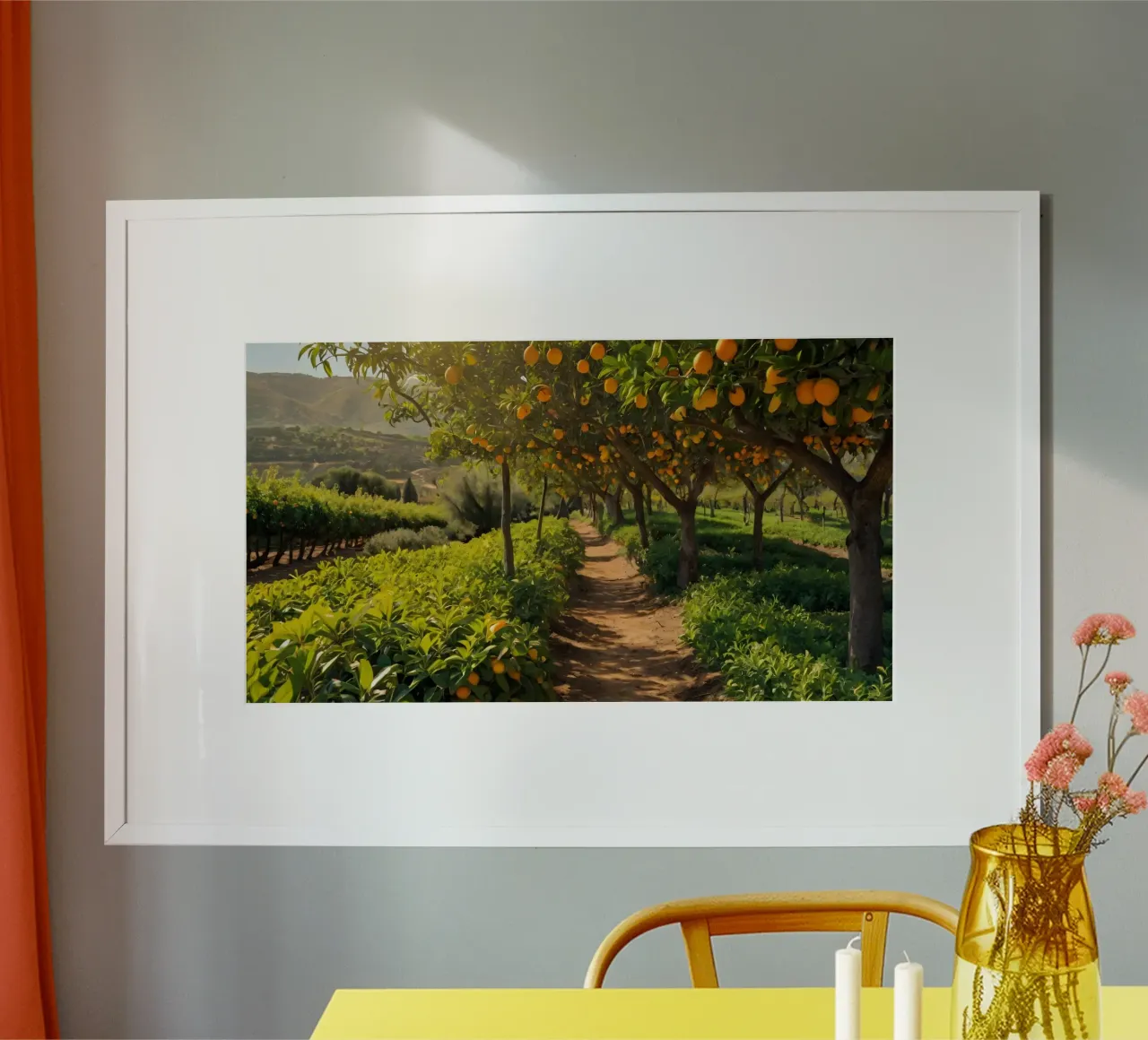 Sonniger Weg durch den Orangenhain, umgeben von üppigem Grün Poster von DesignDoodle