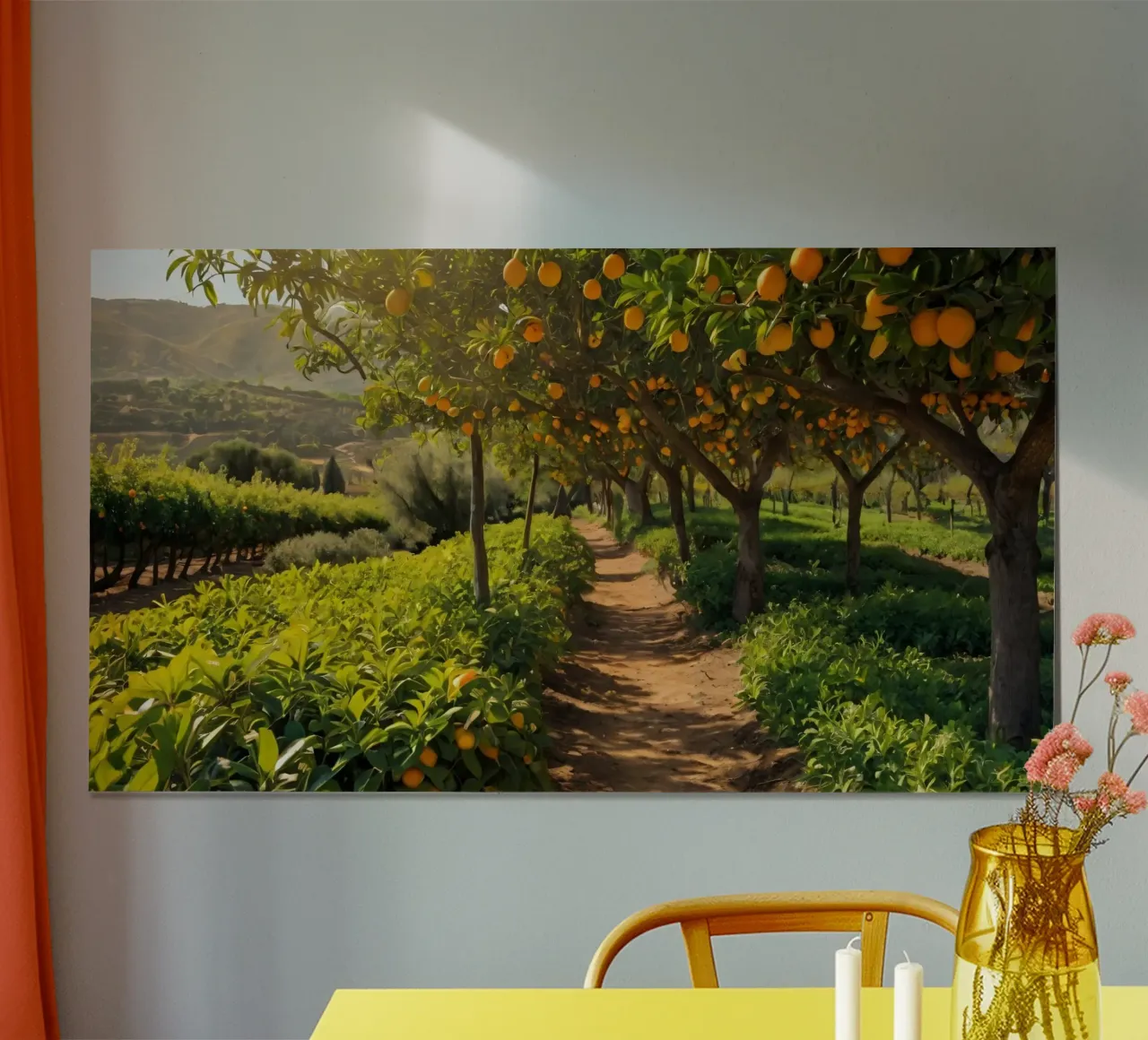 Sonniger Weg durch den Orangenhain, umgeben von üppigem Grün Poster von DesignDoodle