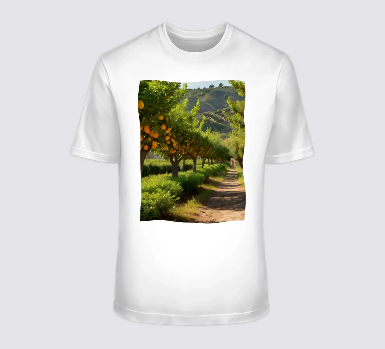 aranceto con alberi rigogliosi e un sentiero illuminato dal sole t-shirt da DesignDoodle