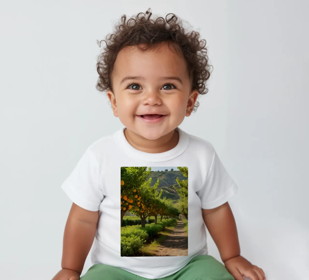 aranceto con alberi rigogliosi e un sentiero illuminato dal sole maglietta neonato da DesignDoodle