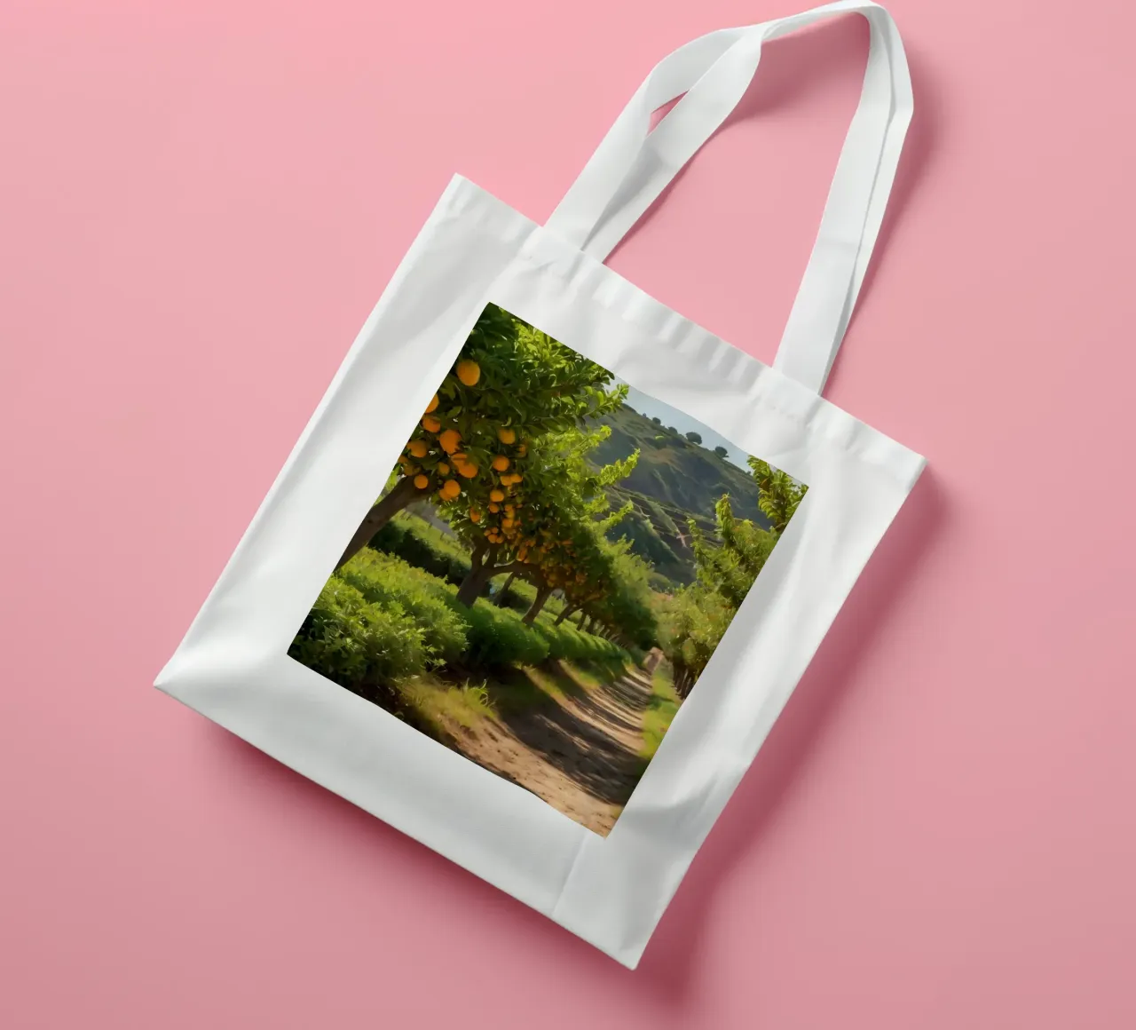 aranceto con alberi rigogliosi e un sentiero illuminato dal sole borsa in juta da DesignDoodle