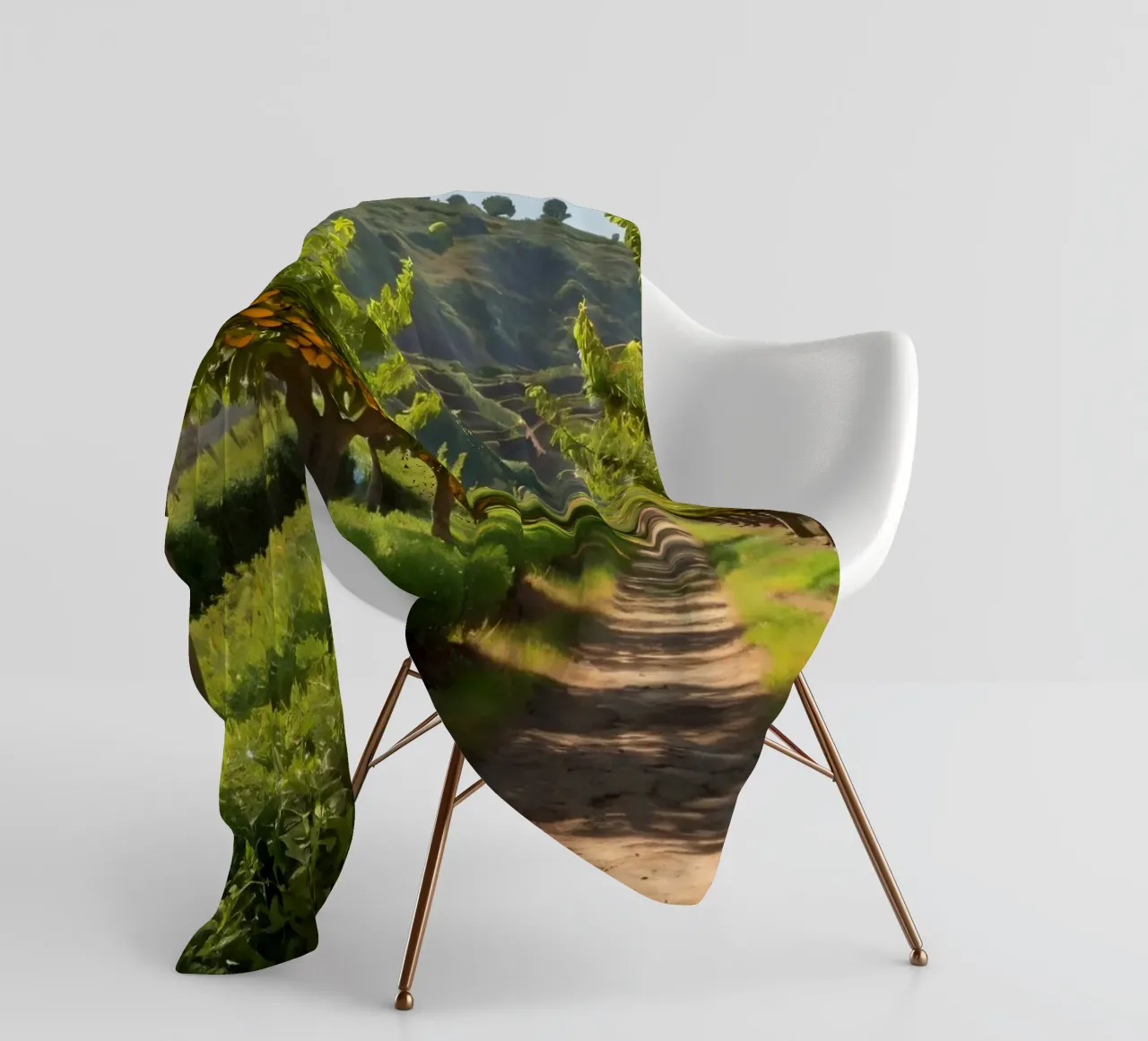 aranceto con alberi rigogliosi e un sentiero illuminato dal sole coperta in pile da DesignDoodle