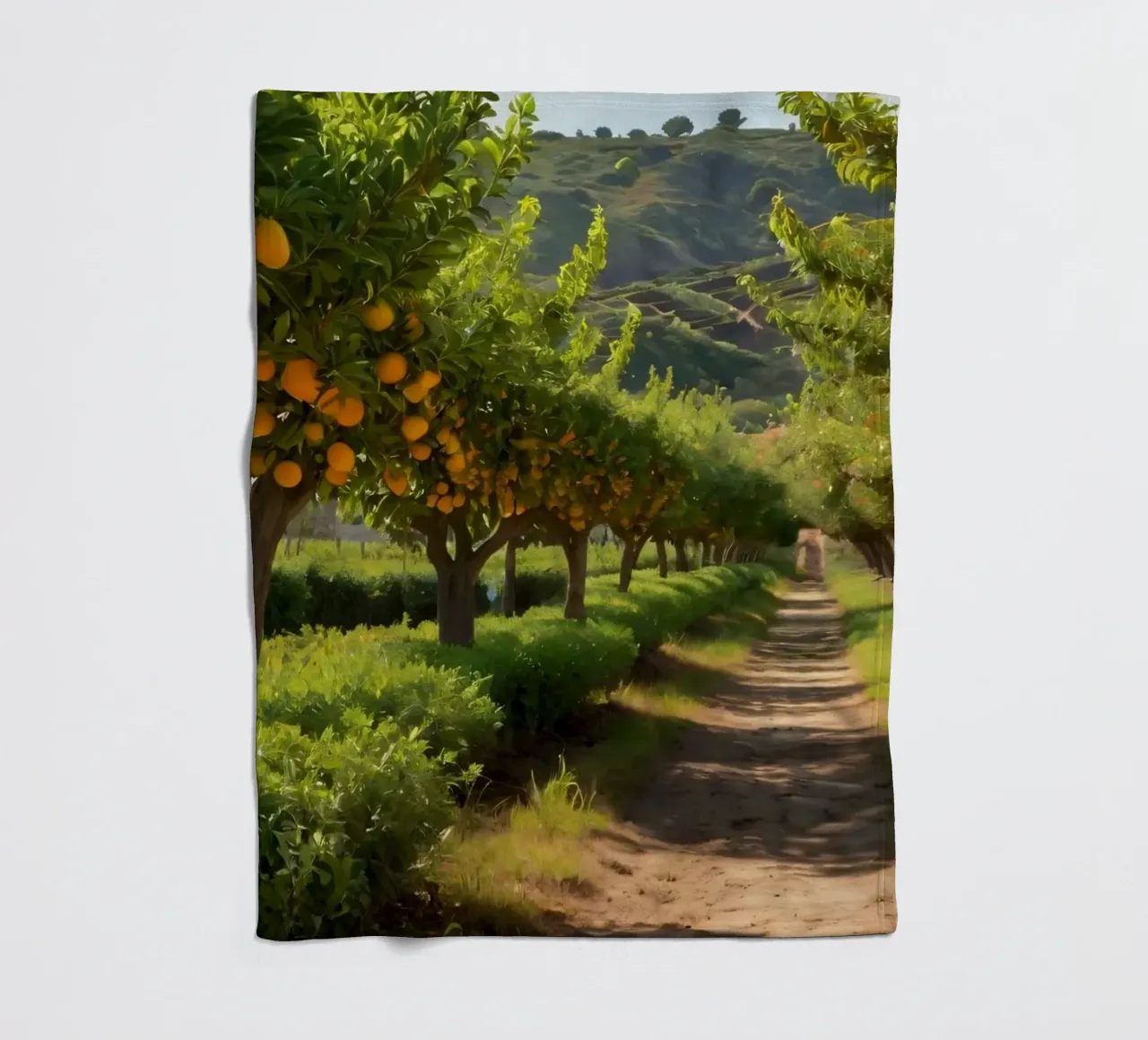aranceto con alberi rigogliosi e un sentiero illuminato dal sole coperta in pile da DesignDoodle