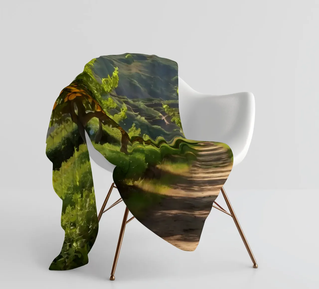 aranceto con alberi rigogliosi e un sentiero illuminato dal sole coperta in pile da DesignDoodle