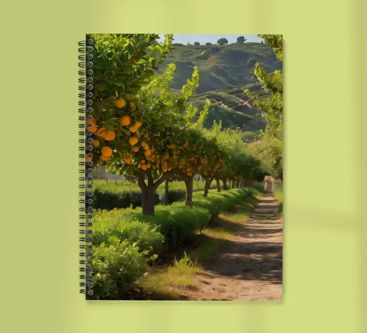 orange grove with lush trees and a sunlit pathway spiral notebook by DesignDoodle