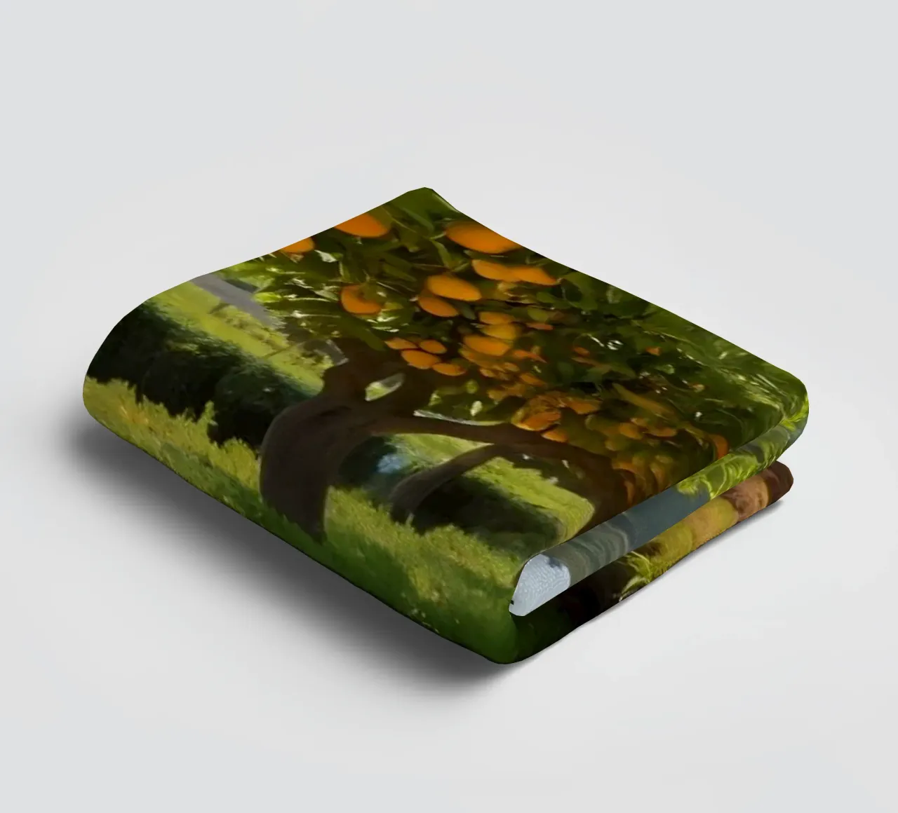 orange grove with lush trees and a sunlit pathway towel by DesignDoodle