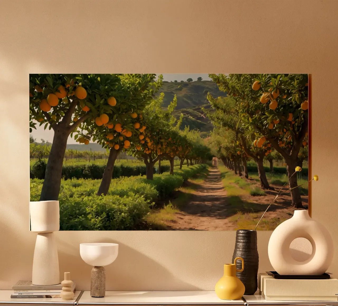 aranceto con alberi rigogliosi e un sentiero illuminato dal sole plexiglass da DesignDoodle