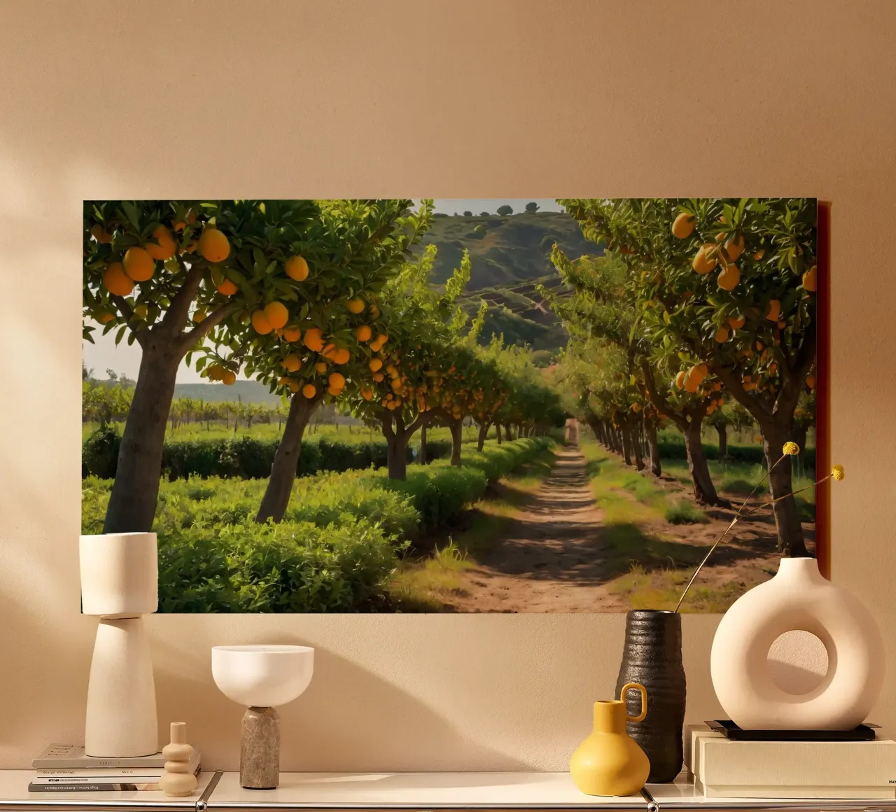 orangeraie avec des arbres luxuriants et une allée ensoleillée toile de DesignDoodle