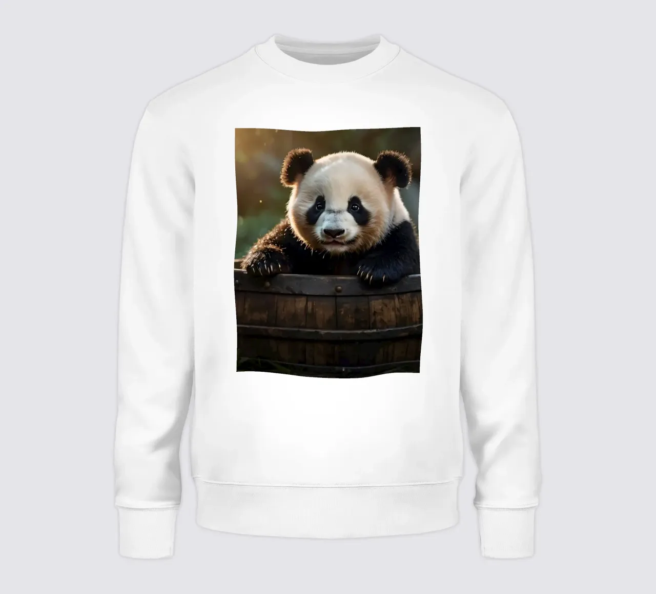 Un cucciolo di panda gioca a esplorare un barile di legno in una stanza illuminata dal sole. felpa da DesignDoodle