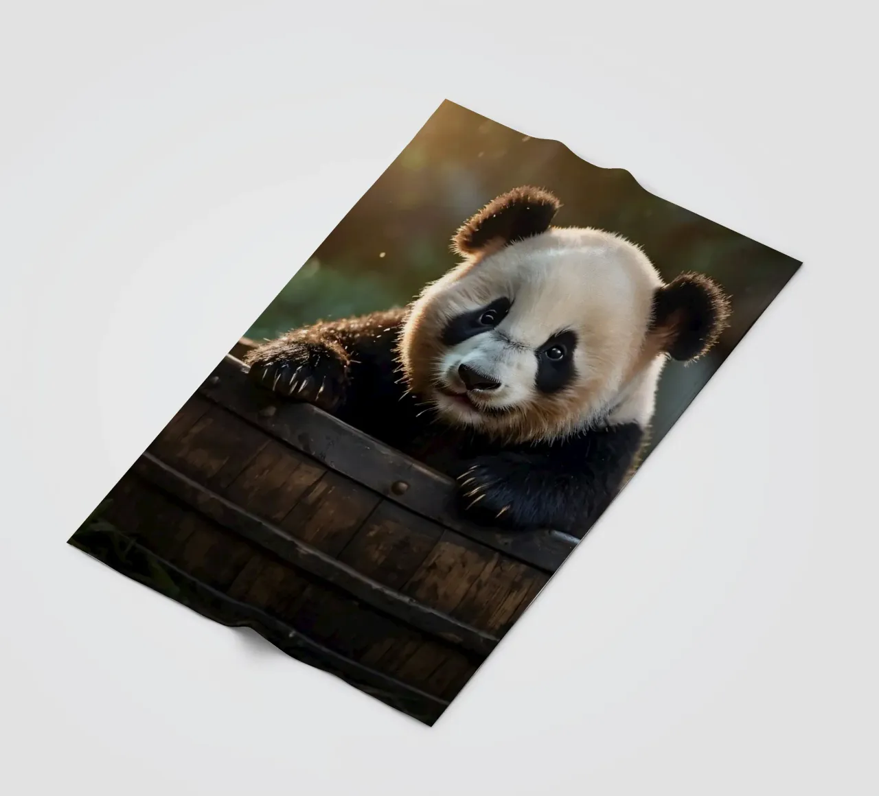 Un cucciolo di panda gioca a esplorare un barile di legno in una stanza illuminata dal sole. coperta in pile da DesignDoodle