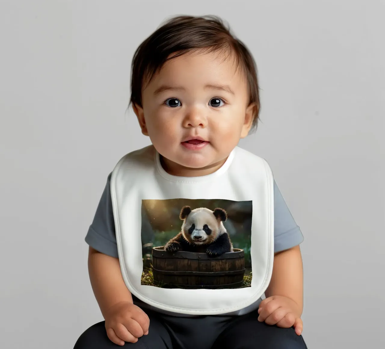 Un cucciolo di panda gioca a esplorare un barile di legno in una stanza illuminata dal sole. bavaglino da DesignDoodle
