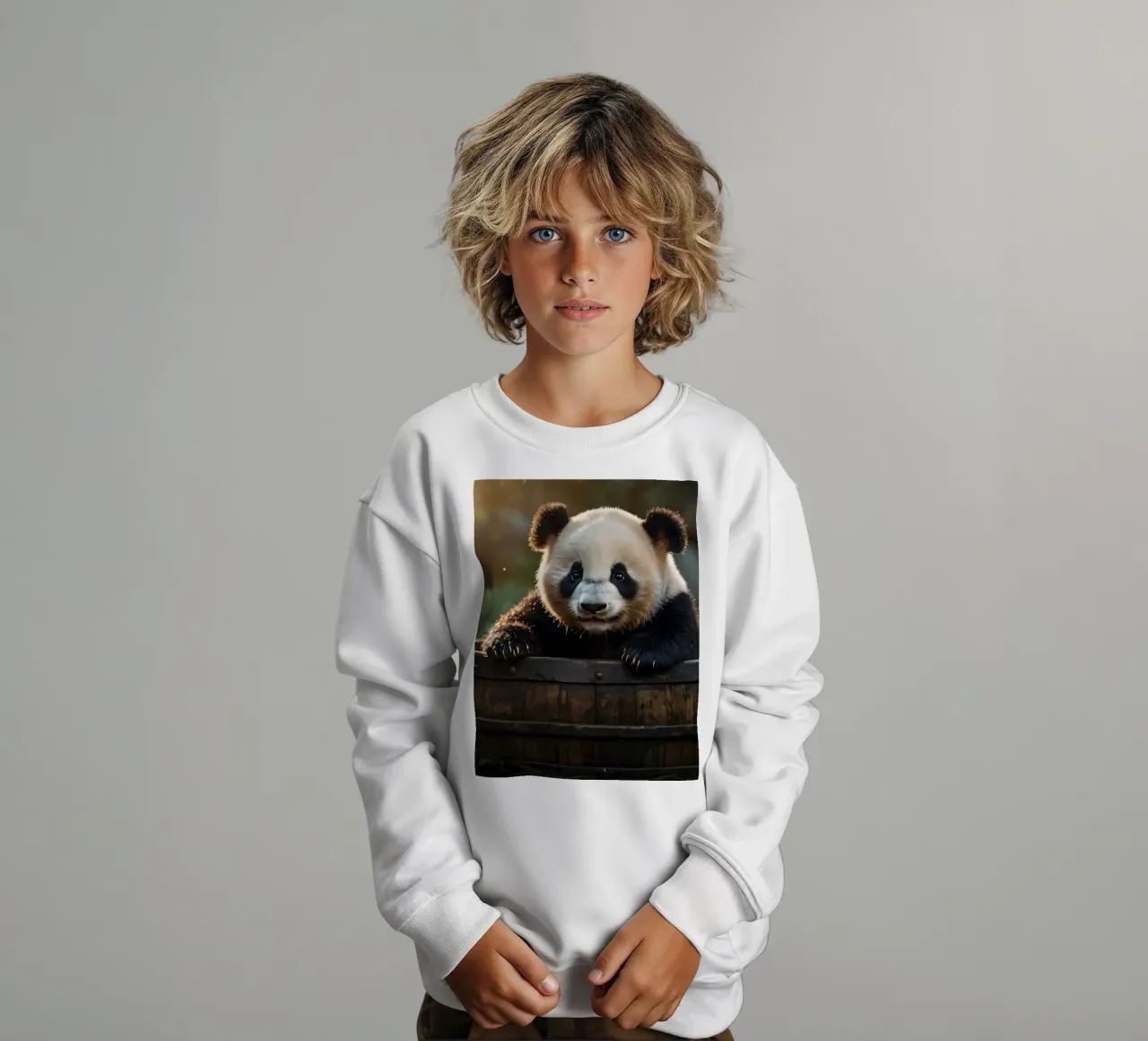 Un cucciolo di panda gioca a esplorare un barile di legno in una stanza illuminata dal sole. felpa bambino da DesignDoodle