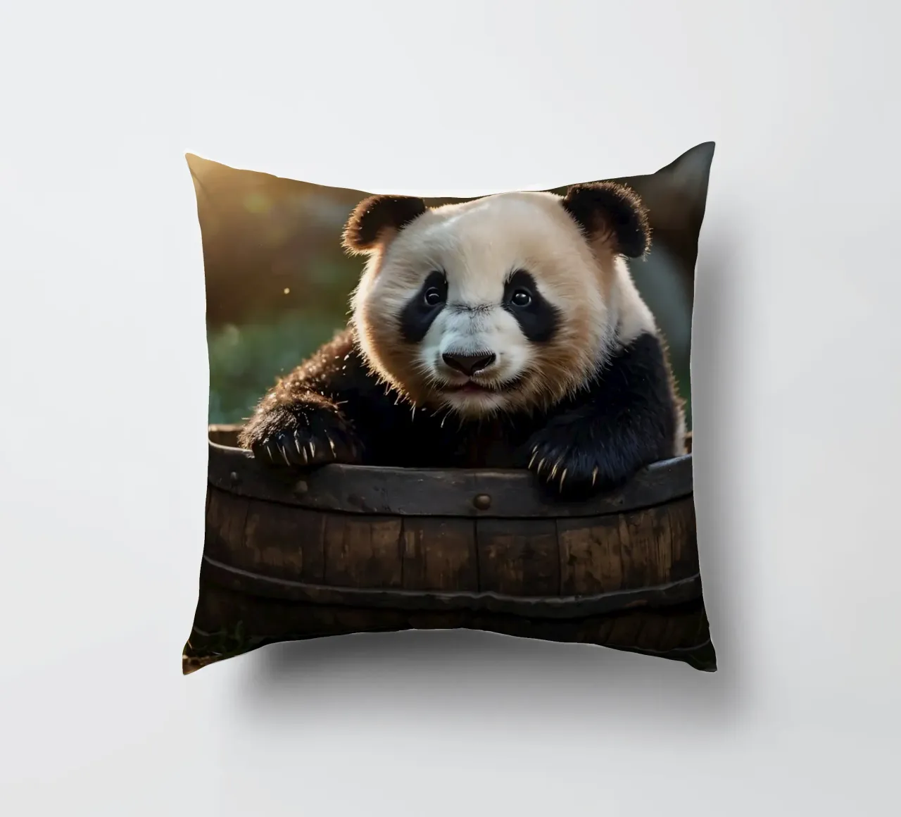 Un cucciolo di panda gioca a esplorare un barile di legno in una stanza illuminata dal sole. cuscino da DesignDoodle