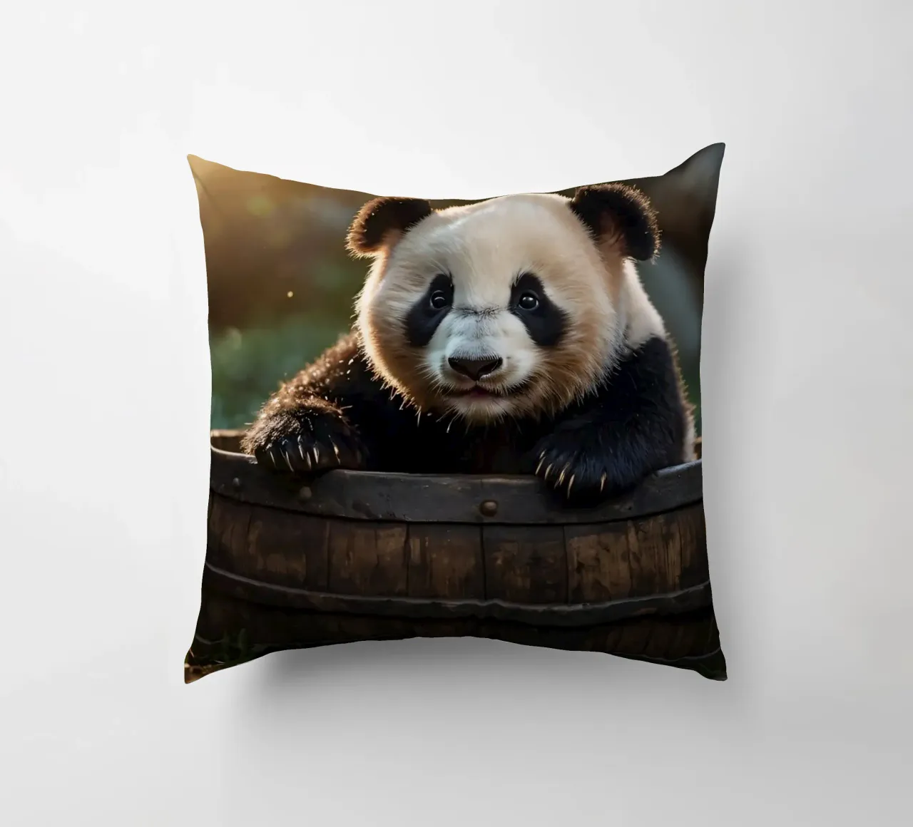 Un cucciolo di panda gioca a esplorare un barile di legno in una stanza illuminata dal sole. cuscino da DesignDoodle