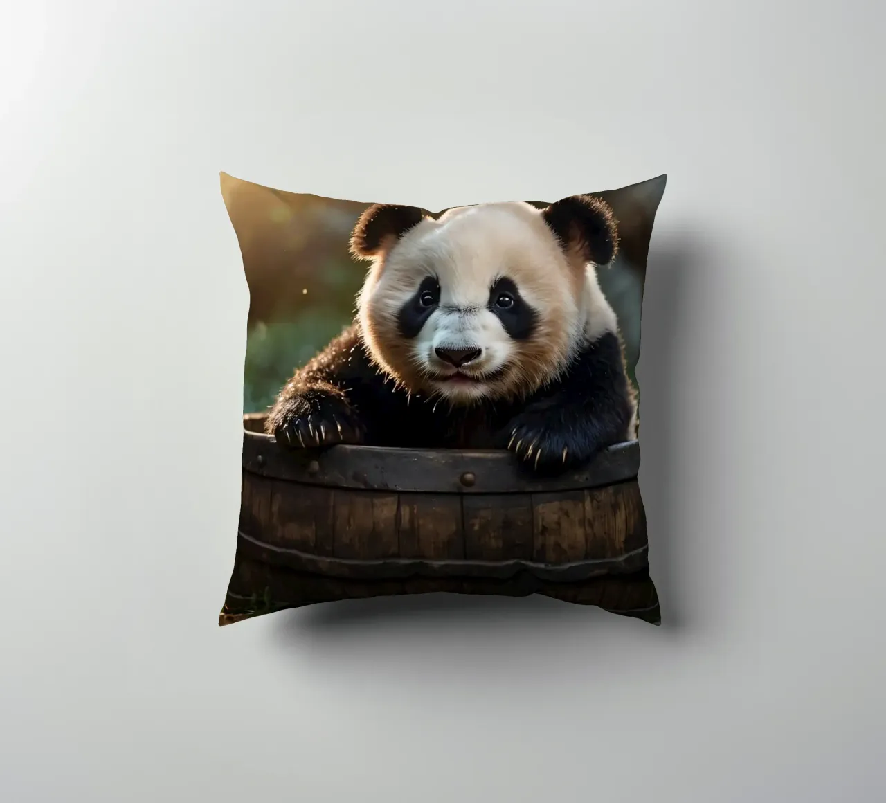 Un cucciolo di panda gioca a esplorare un barile di legno in una stanza illuminata dal sole. cuscino da DesignDoodle