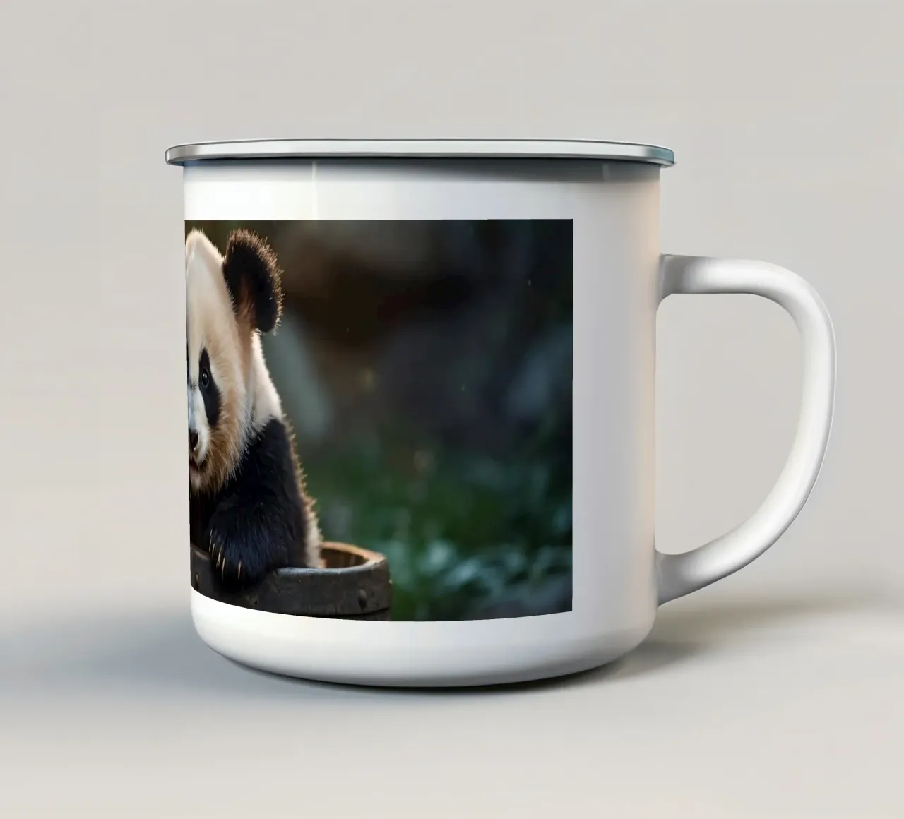 Un cucciolo di panda gioca a esplorare un barile di legno in una stanza illuminata dal sole. tazza in smalto da DesignDoodle