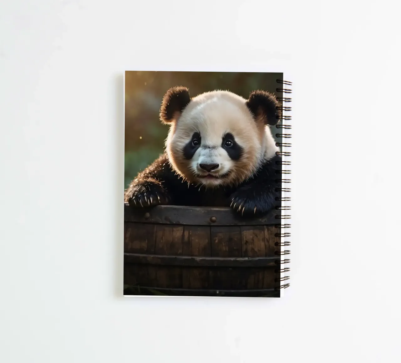 A playful panda cub explores a wooden barrel in a sunlit spiral notebook by DesignDoodle