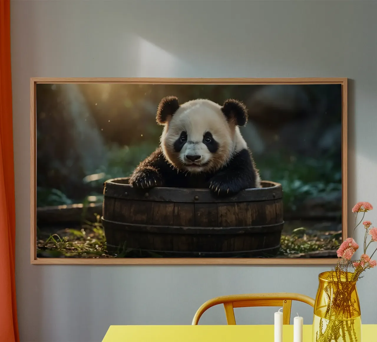 Un cucciolo di panda gioca a esplorare un barile di legno in una stanza illuminata dal sole. alluminio dibond da DesignDoodle