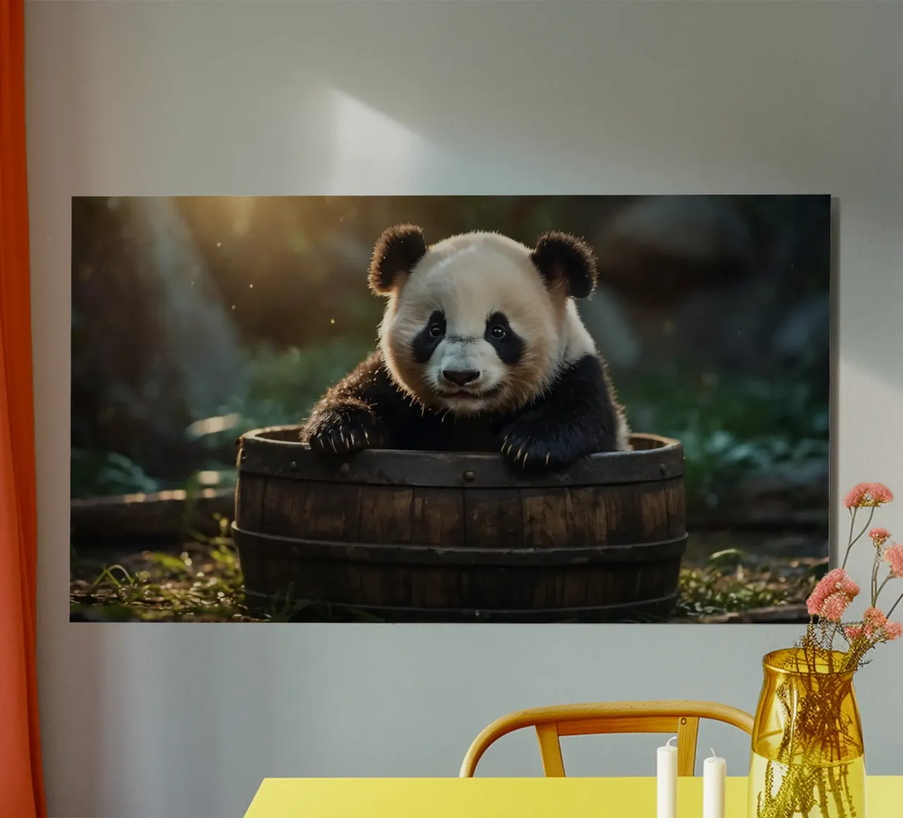Un cucciolo di panda gioca a esplorare un barile di legno in una stanza illuminata dal sole. alluminio dibond da DesignDoodle