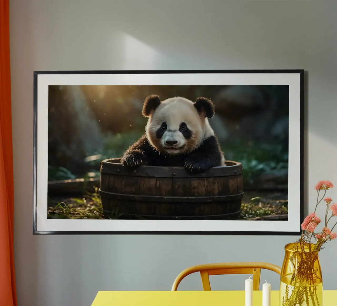 Un cucciolo di panda gioca a esplorare un barile di legno in una stanza illuminata dal sole. poster da DesignDoodle