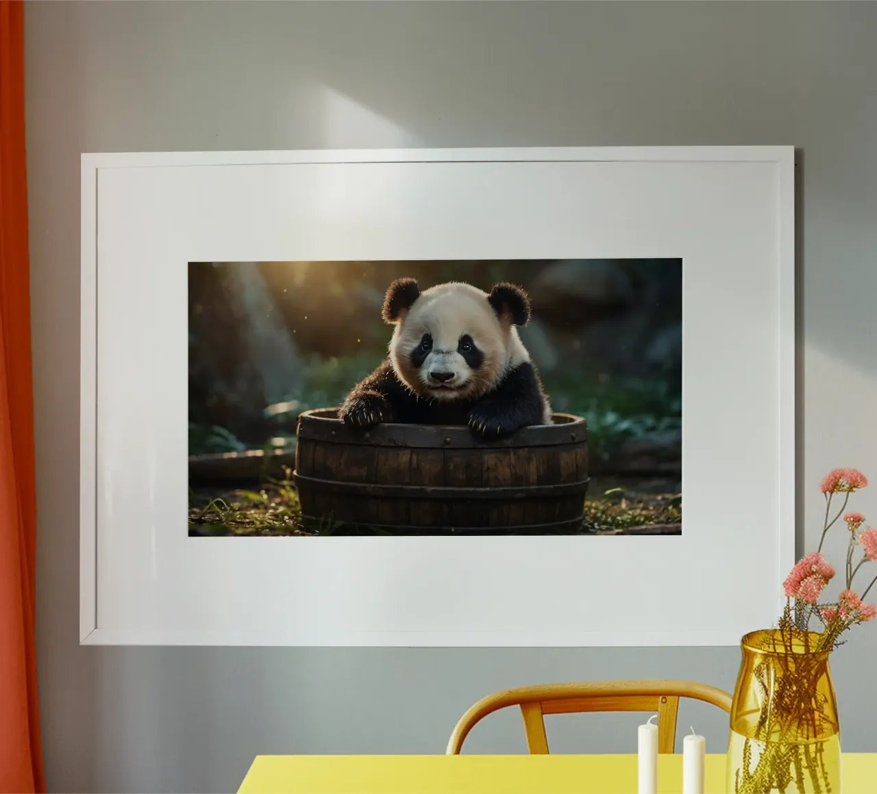 Un cucciolo di panda gioca a esplorare un barile di legno in una stanza illuminata dal sole. poster con telaio in alluminio da DesignDoodle