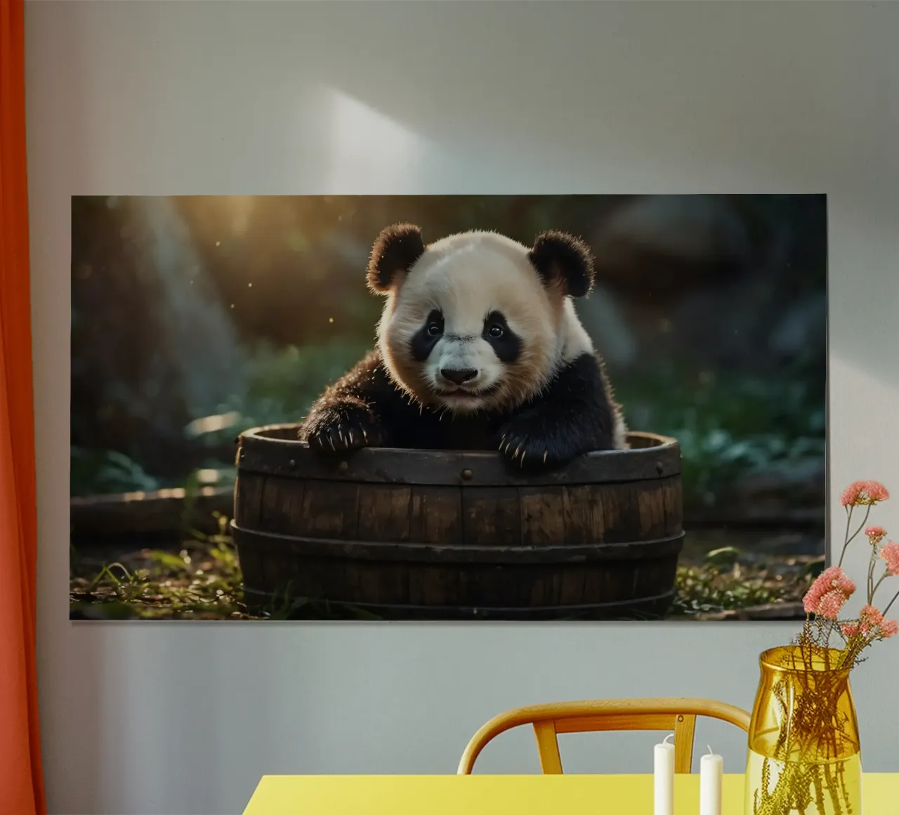 Un cucciolo di panda gioca a esplorare un barile di legno in una stanza illuminata dal sole. poster con telaio in alluminio da DesignDoodle