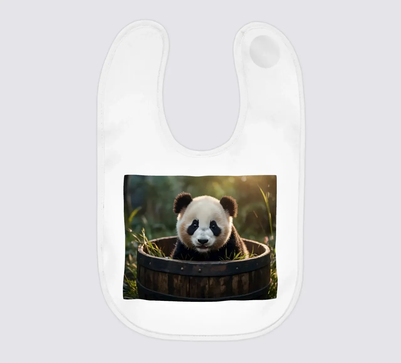Un cucciolo di panda giocherellone siede in una botte di legno bavaglino da DesignDoodle