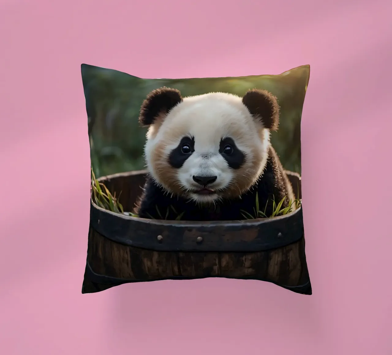Un cucciolo di panda giocherellone siede in una botte di legno cuscino da DesignDoodle