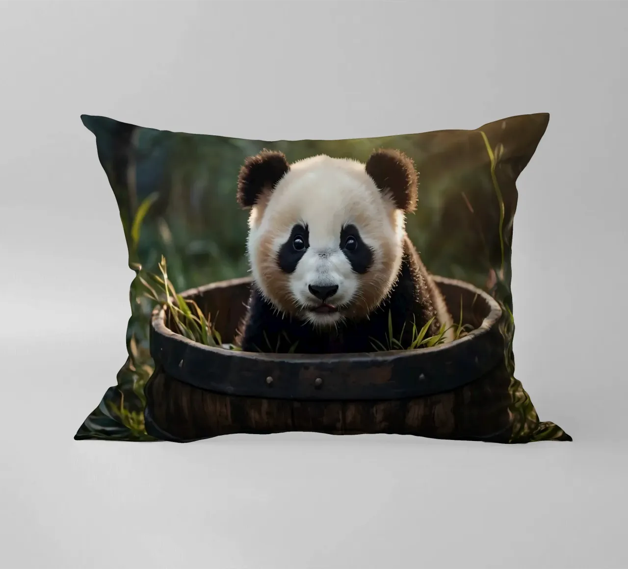 Un cucciolo di panda giocherellone siede in una botte di legno cuscino da DesignDoodle