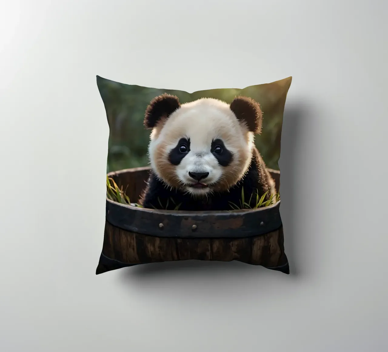 Un cucciolo di panda giocherellone siede in una botte di legno cuscino da DesignDoodle
