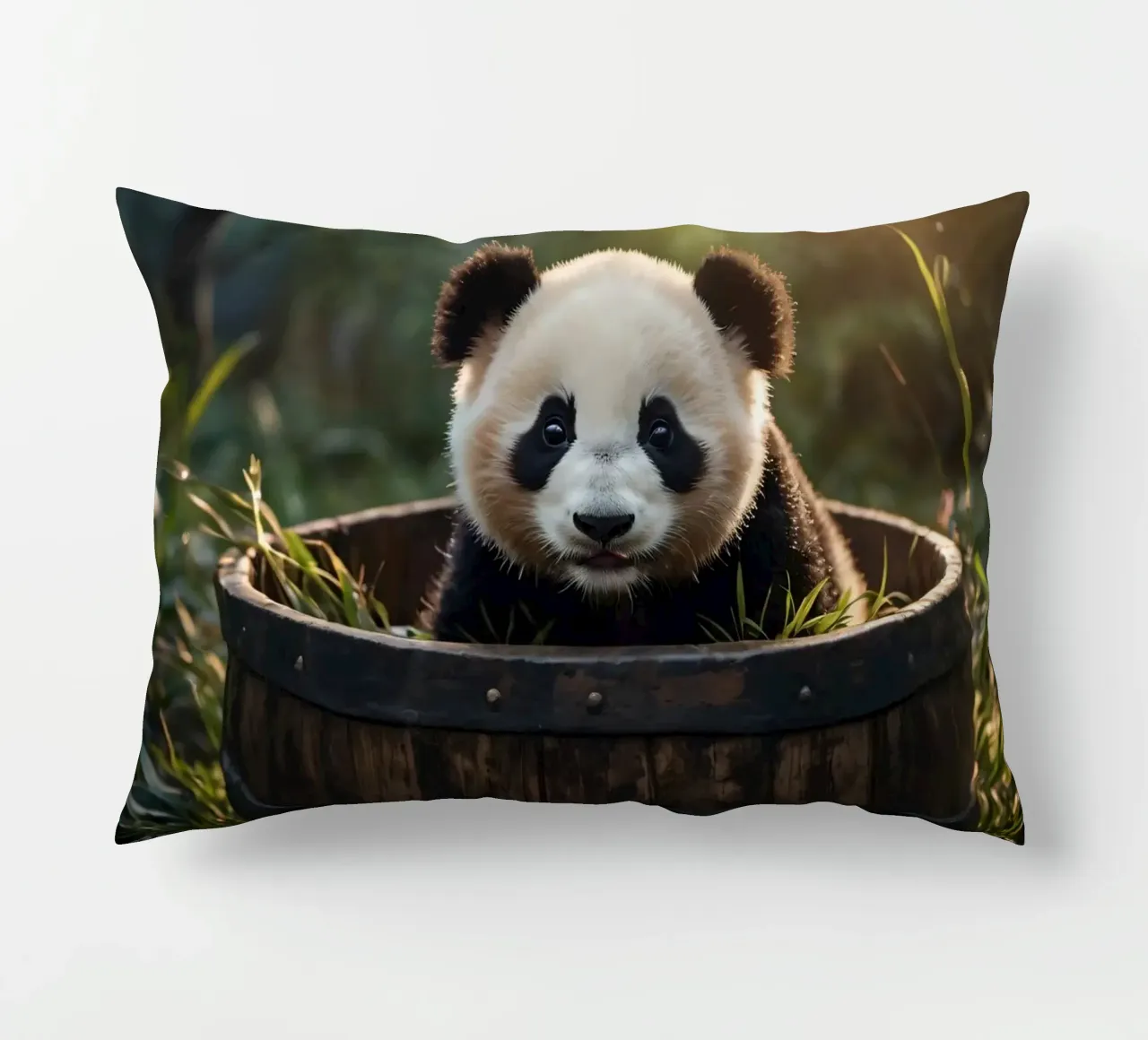 Un cucciolo di panda giocherellone siede in una botte di legno cuscino da DesignDoodle