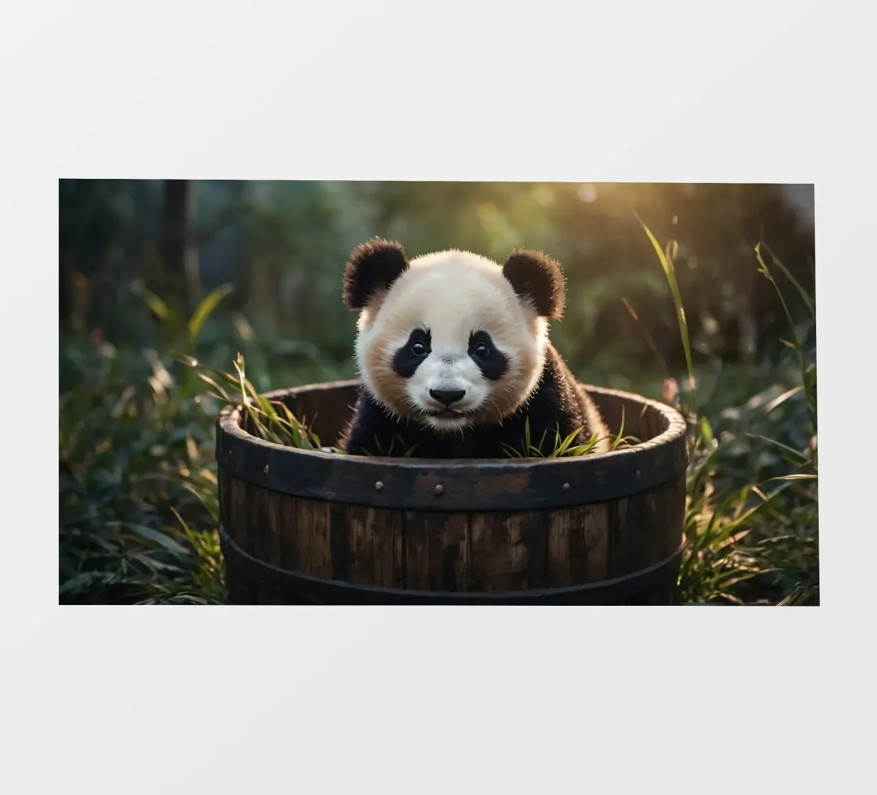 Un cucciolo di panda giocherellone siede in una botte di legno telo in pvc da DesignDoodle