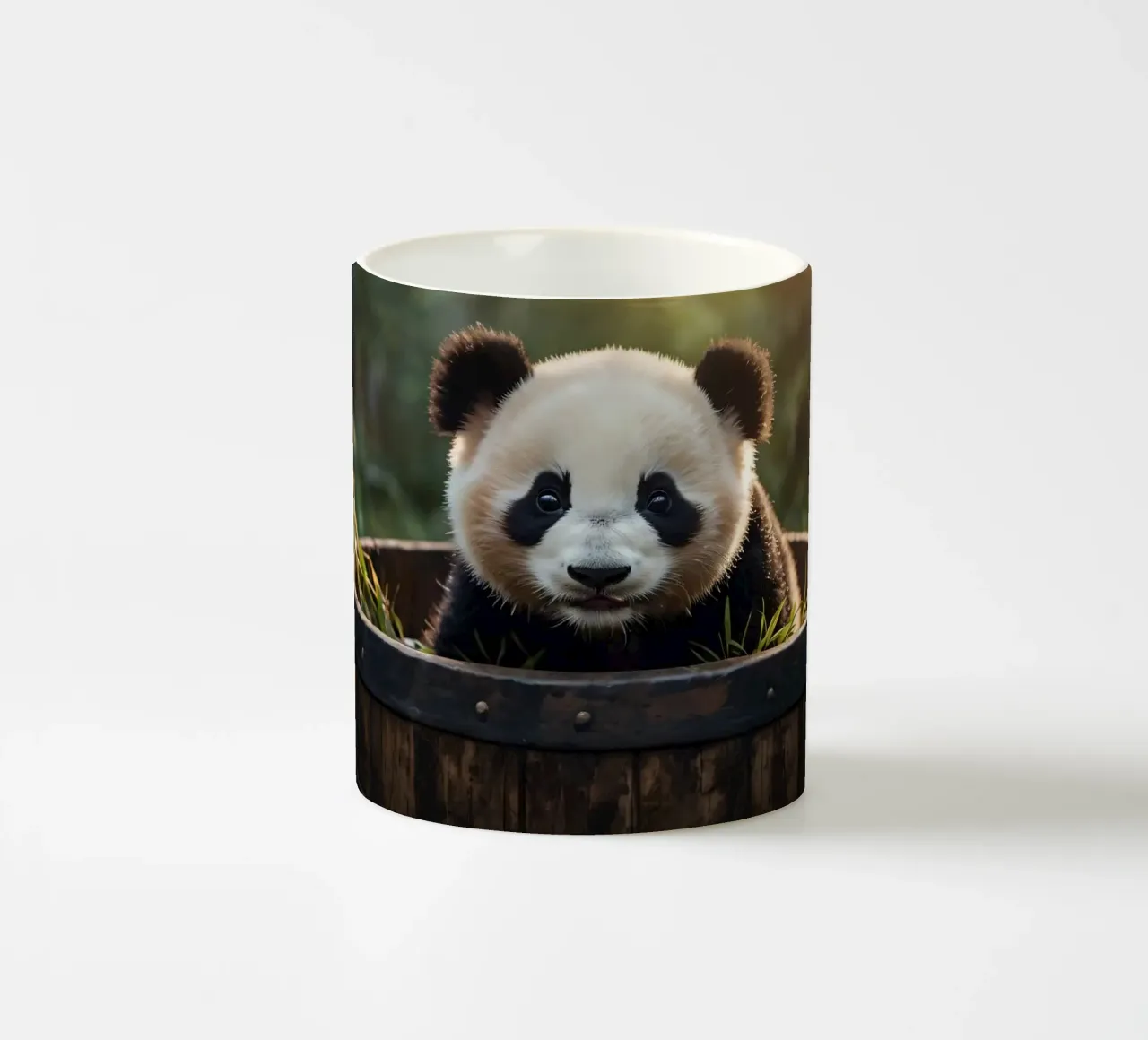 Un cucciolo di panda giocherellone siede in una botte di legno tazza in ceramica da DesignDoodle