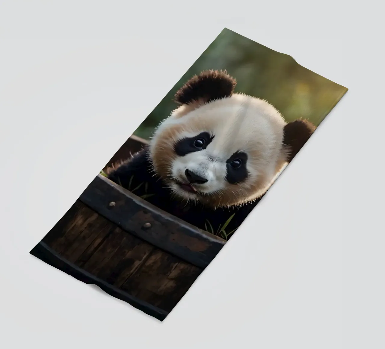 Un cucciolo di panda giocherellone siede in una botte di legno telo mare da DesignDoodle