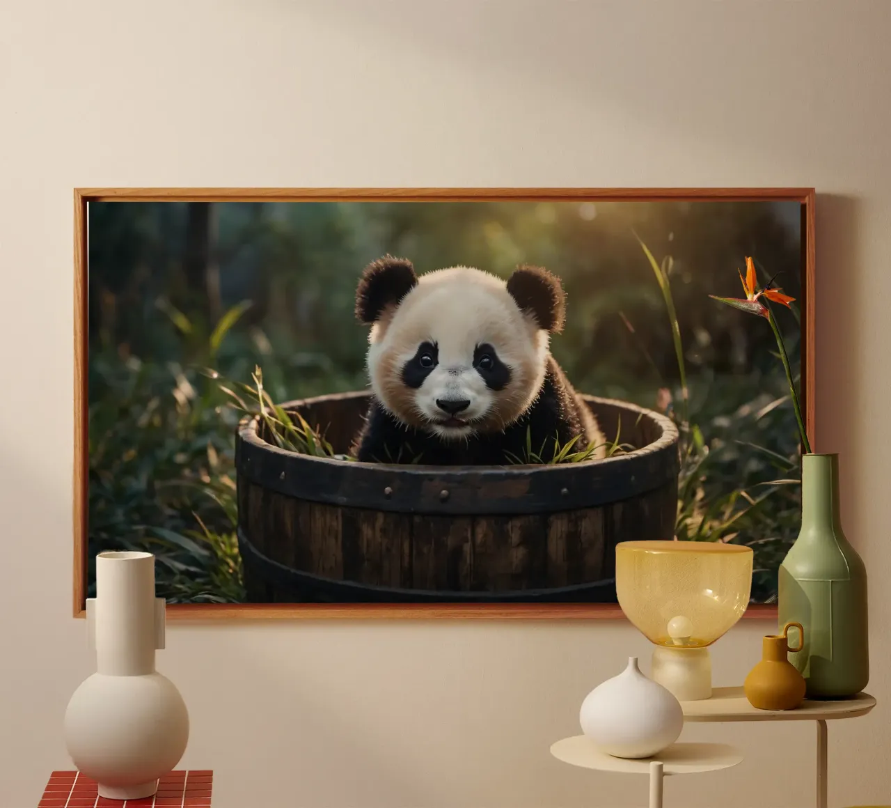 Un cucciolo di panda giocherellone siede in una botte di legno tela da DesignDoodle
