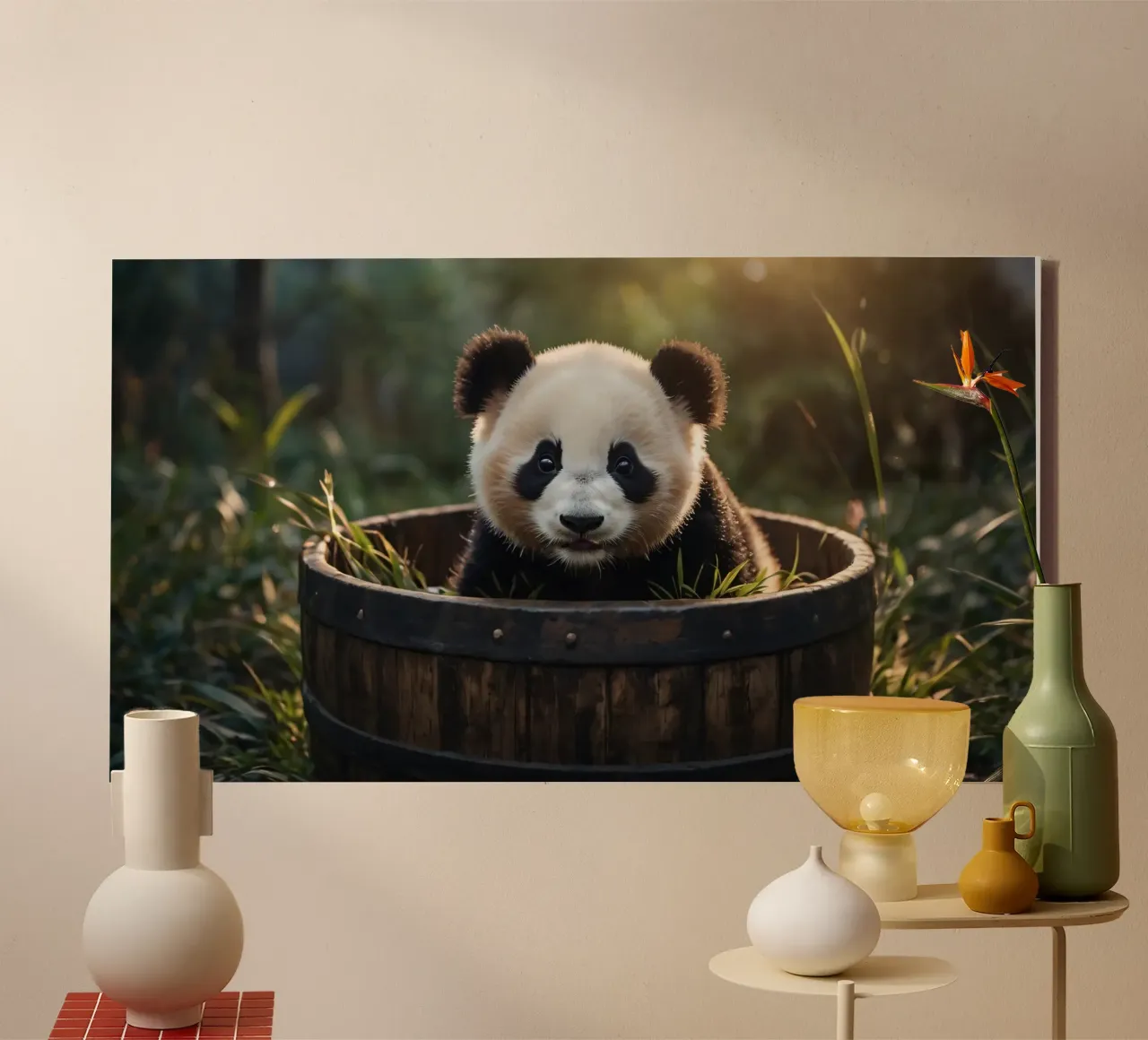 Un cucciolo di panda giocherellone siede in una botte di legno tela da DesignDoodle